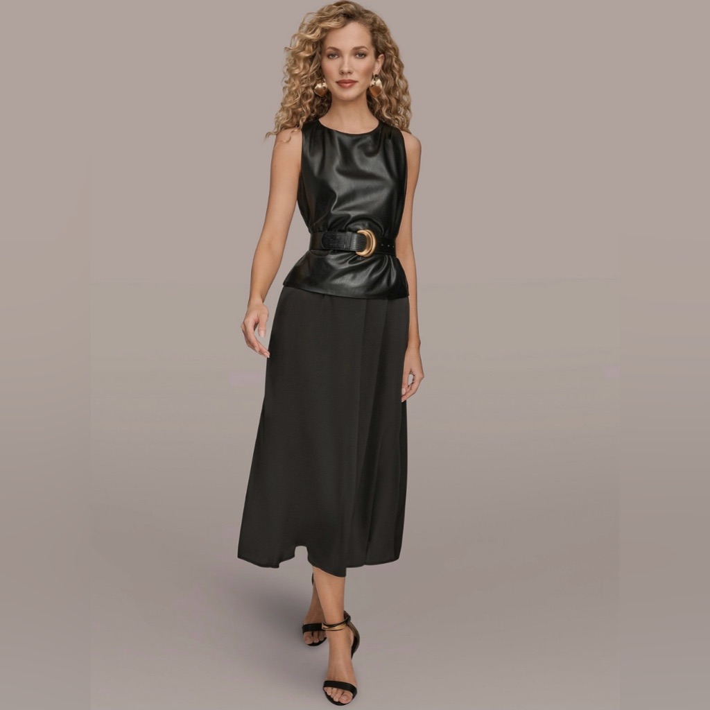 Nwt Donna Karan Women's Sleeveless Mixed Media Belted Midi Dress. Size 12. Black
